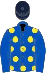 Royal blue, yellow spots, royal blue sleeves, dark blue cap