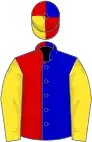 Blue and red (halved), yellow sleeves, red, yellow and blue quartered cap