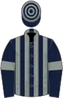 Dark blue and grey stripes, dark blue sleeves, grey armlets, hooped cap