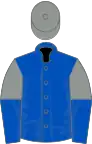 Royal blue, grey and royal blue halved sleeves, grey cap