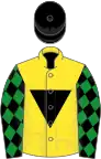 Yellow, black inverted triangle, black sleeves, green diamonds, black cap