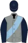 Grey, light blue sash, dark blue sleeves and cap