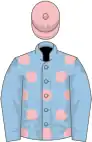 Light blue, pink spots, light blue sleeves, pink cap