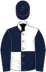 White and dark blue (quartered), dark blue sleeves and cap