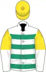 White, emerald green hoops, yellow and white halved sleeves, yellow cap