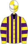 Yellow and purple stripes, hooped sleeves, yellow and white quartered cap