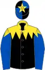 Black, yellow spiked yoke, royal blue sleeves, black and blue quartered cap, yellow star