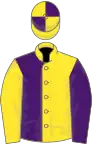 Yellow and purple (halved), reversed sleeves, quartered cap