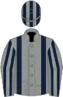 Grey, dark blue braces, striped sleeves and cap