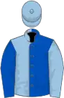 Royal blue and light blue halved, sleeves reversed, light blue cap