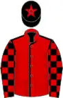 Red, black seams, black and red check sleeves, black cap, red star