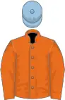 Orange, orange sleeves, light blue cap