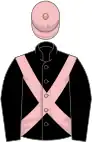 Black, pink cross-belts, pink cap