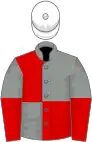 Grey and red (quartered), halved sleeves, white cap