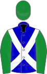 Blue, white cross-belts, green sleeves and cap