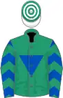 Green, royal blue inverted triangle, royal blue and green chevrons on sleeves, white and green hooped cap