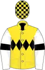 Yellow, black triple diamond, white sleeves, black armlets, black and yellow checked cap