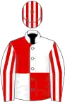White and red (quartered), striped sleeves and cap