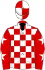 Red and white check, white stars on sleeves, quartered cap