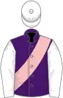 Purple, pink sash, white sleeves and cap