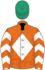 Orange, white diamond, white chevrons on sleeves, emerald green cap