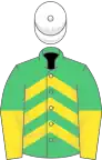 Emerald green and yellow chevrons, halved sleeves, white cap