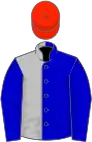 Blue and silver (halved), blue sleeves, scarlet cap