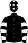 Black, white hooped sleeves, black cap, white spots