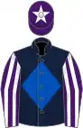 Dark blue, royal blue diamond, purple and white striped sleeves, purple cap, white star