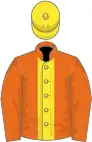 Orange, yellow stripe, orange sleeves, yellow cap
