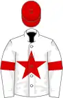 White, red star and hoop on sleeves, red cap