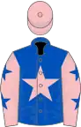 Royal blue, pink star, pink sleeves, blue stars, pink cap