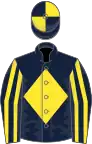 Dark blue, yellow diamond, striped sleeves, quartered cap
