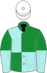 Green and pale blue (quartered), halved sleeves, white cap