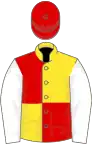 Yellow and red (quartered), white sleeves, red cap