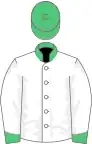 White, emerald green collar, cuffs and cap