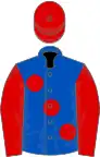 Royal blue, large red spots, sleeves and cap