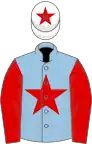 Light blue, red star and sleeves, white cap, red star