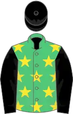 Emerald green, yellow stars, black sleeves and cap