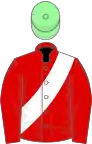 Red, white sash, pale green cap