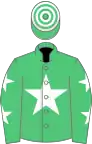 Emerald green, white star, white stars on sleeves, hooped cap