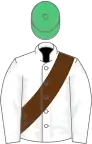 White, brown sash, emerald green cap