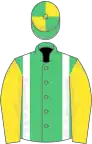 Emerald green, white braces, yellow sleeves, emGreen and yellow quartered cap