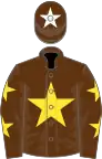 Brown, yellow star and stars on sleeves, brown cap, white star
