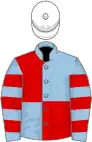 Light blue and red (quartered), hooped sleeves, white cap