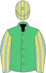 Emerald green, light blue and yellow striped sleeves and cap