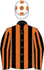 Black and orange stripes, white cap, orange spots