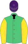Emerald green, yellow sleeves, purple cap