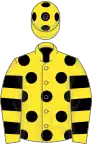 Yellow, black spots, hooped sleeves and spots on cap