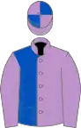 Mauve and royal blue (halved), mauve sleeves, quartered cap